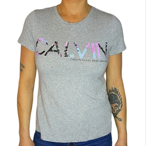 Calvin Klein Medium Cotton Spandex Print Short Sleeve Grey Top - Picture 1 of 4